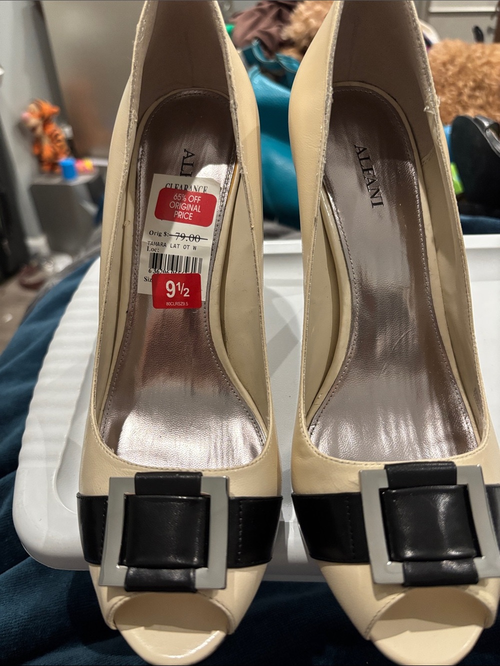 Alfani Cream Peep-Toe Pumps with Black Buckle Accent